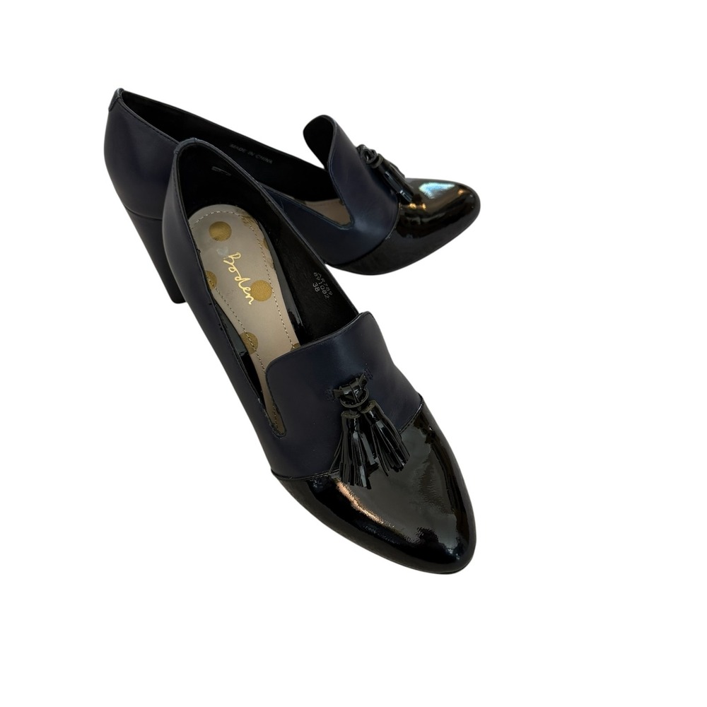 Boden Lottie Tassel Court Shoes Heels 7.5 Black Navy Patent Leather Career